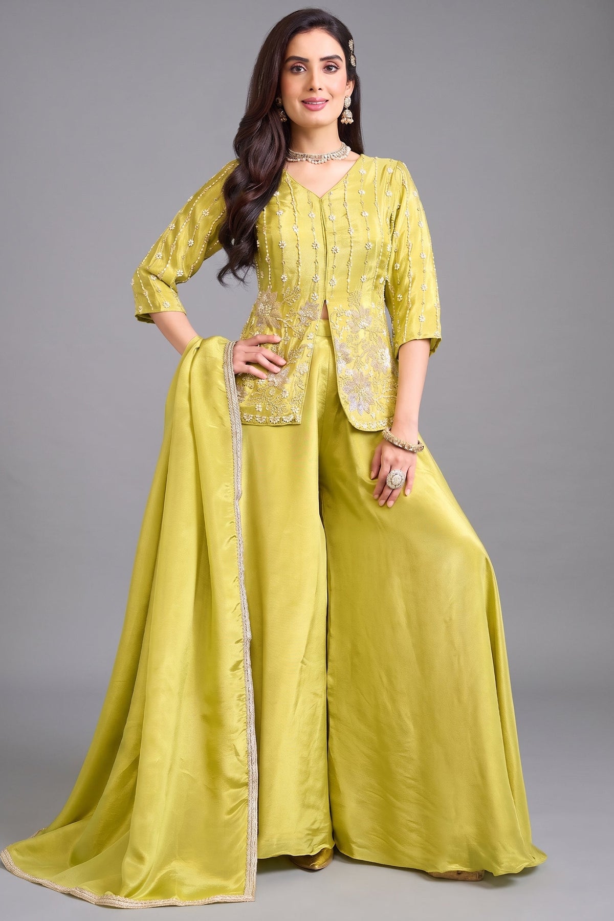Lime Mustard Yellow Chinon Silk Palazzo Suit with Intricate Cutdana and Sequin Work
