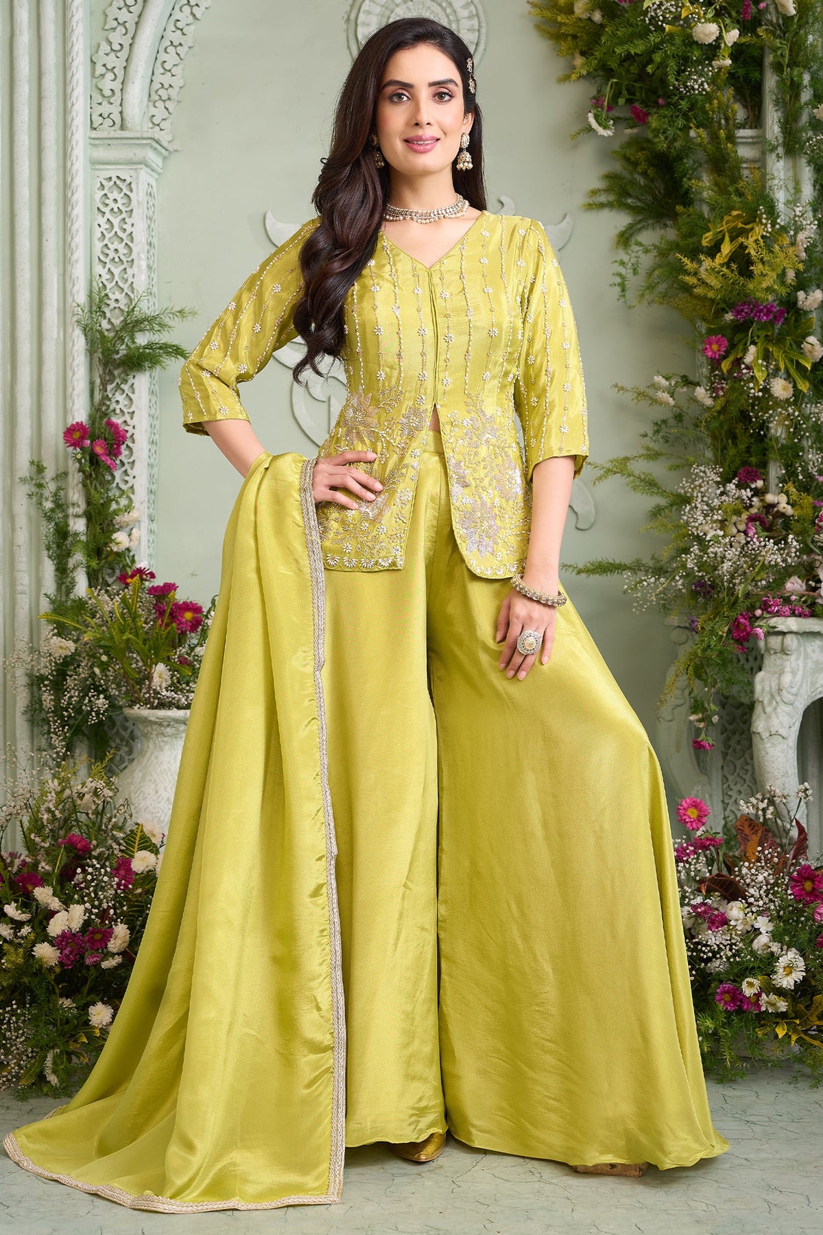 Lime Mustard Yellow Chinon Silk Palazzo Suit with Intricate Cutdana and Sequin Work