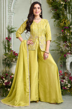 Lime Mustard Yellow Chinon Silk Palazzo Suit with Intricate Cutdana and Sequin Work