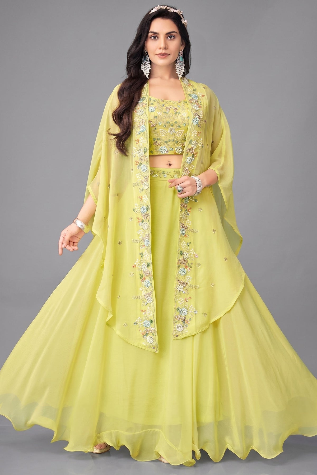 Yellow Georgette Cutdana Sequin  Worked Crop Top with Draped Skirt and Jacket