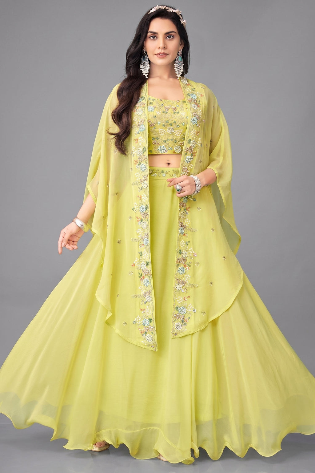 Yellow Georgette Cutdana Sequin  Worked Crop Top with Draped Skirt and Jacket