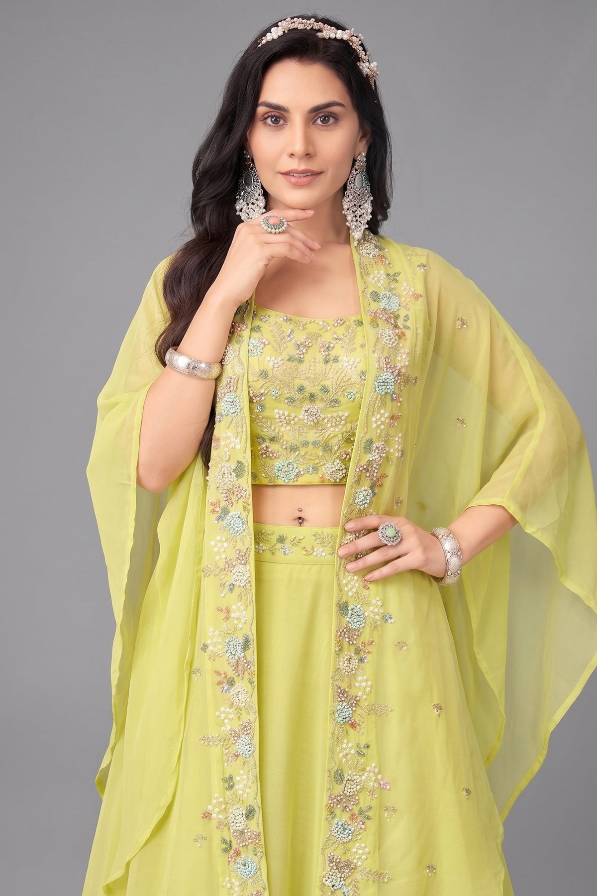 Yellow Georgette Cutdana Sequin  Worked Crop Top with Draped Skirt and Jacket