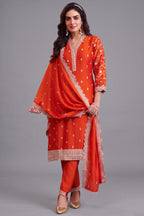 Burnt Tangerine Orange Art Silk Straight Cut Salwar Suit with Delicate Floral Embroidery