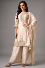 Alabaster Cream Art Silk Palazzo Suit Set with Traditional Applique and Embroidery Work