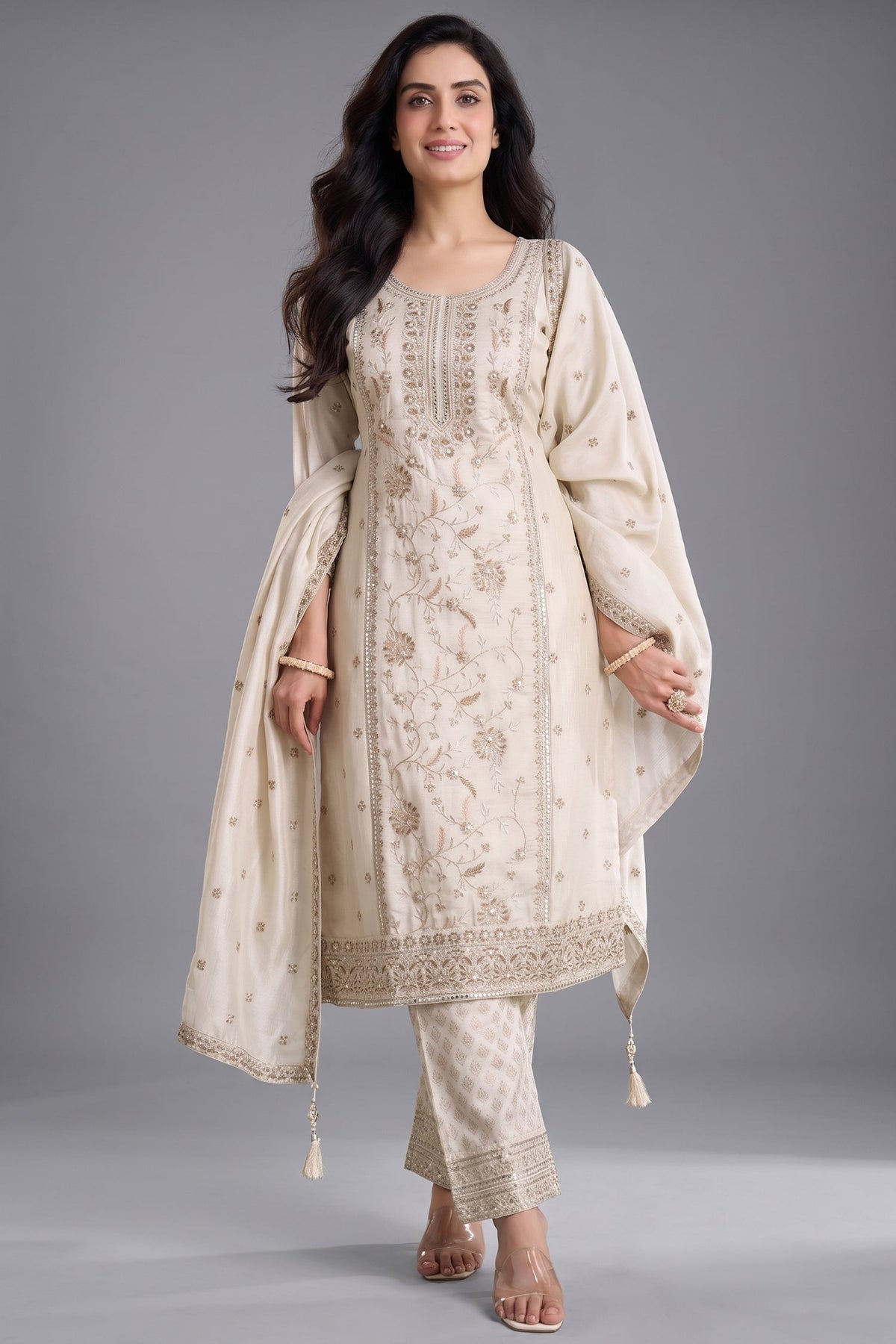 Ivory White Art Silk Embroidery and Applique Worked Straight Cut Suit