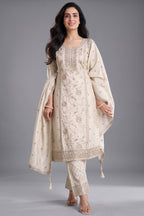 Ivory White Art Silk Embroidery and Applique Worked Straight Cut Suit