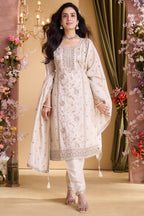 Ivory White Art Silk Embroidery and Applique Worked Straight Cut Suit