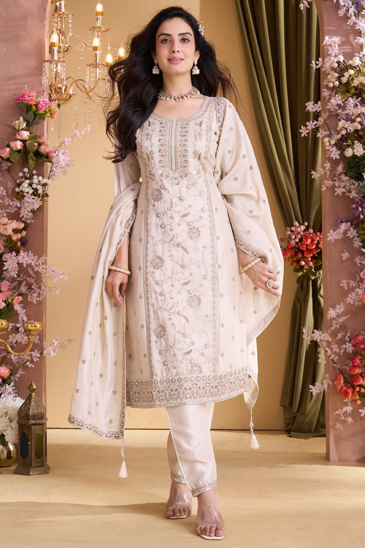 Ivory White Art Silk Embroidery and Applique Worked Straight Cut Suit