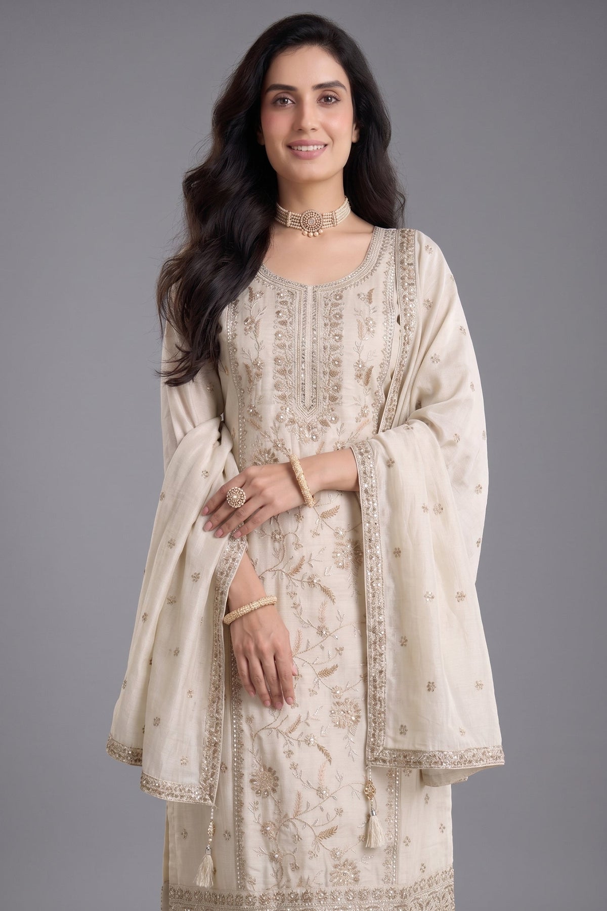 Ivory White Art Silk Embroidery and Applique Worked Straight Cut Suit
