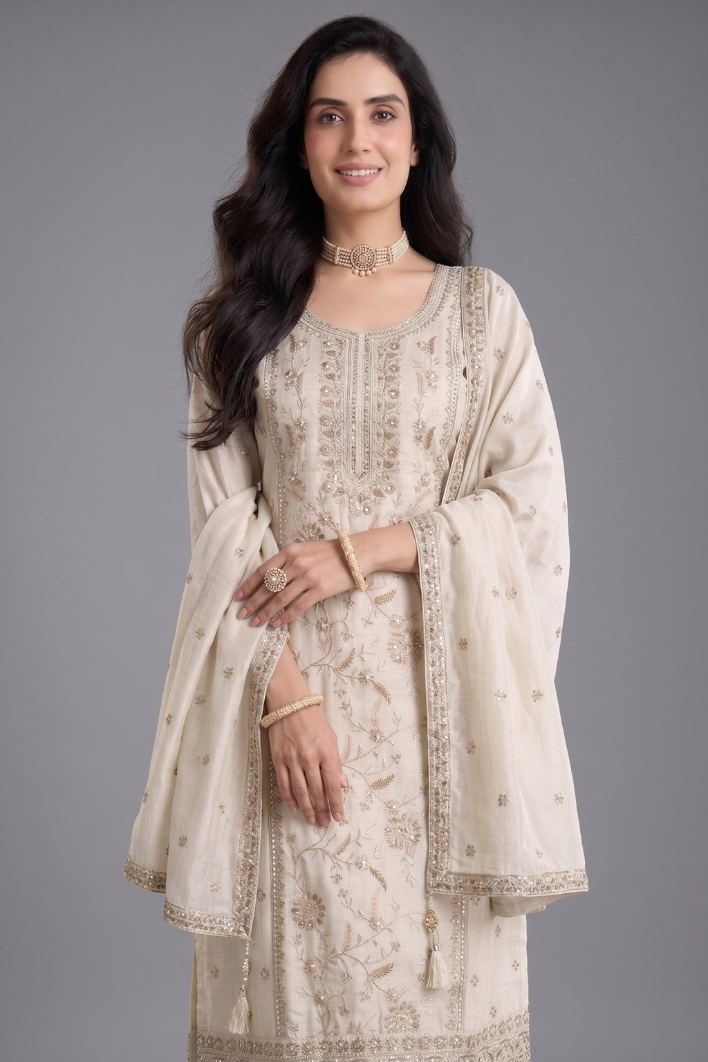 Ivory White Art Silk Embroidery and Applique Worked Straight Cut Suit