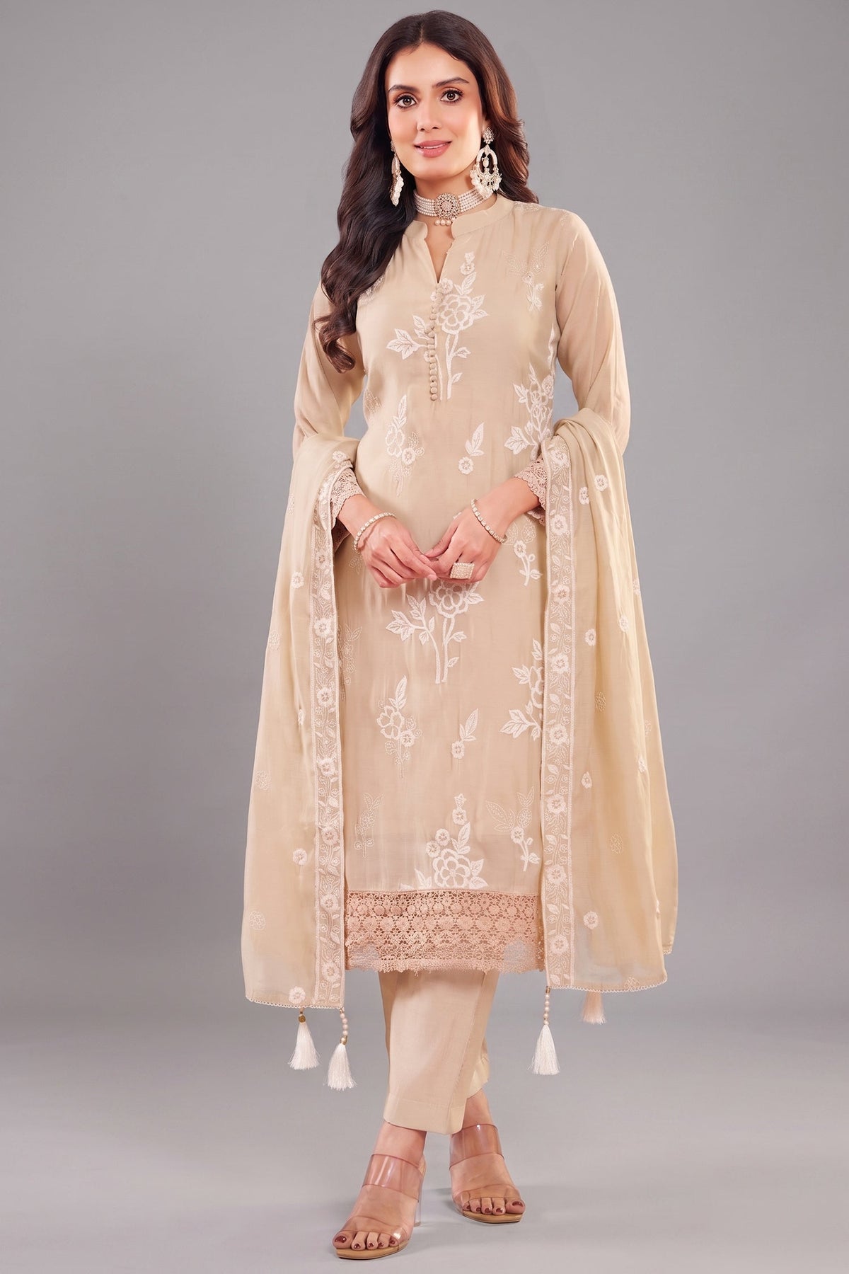 Beige Art Silk Floral Embroidered Straight Cut Suit