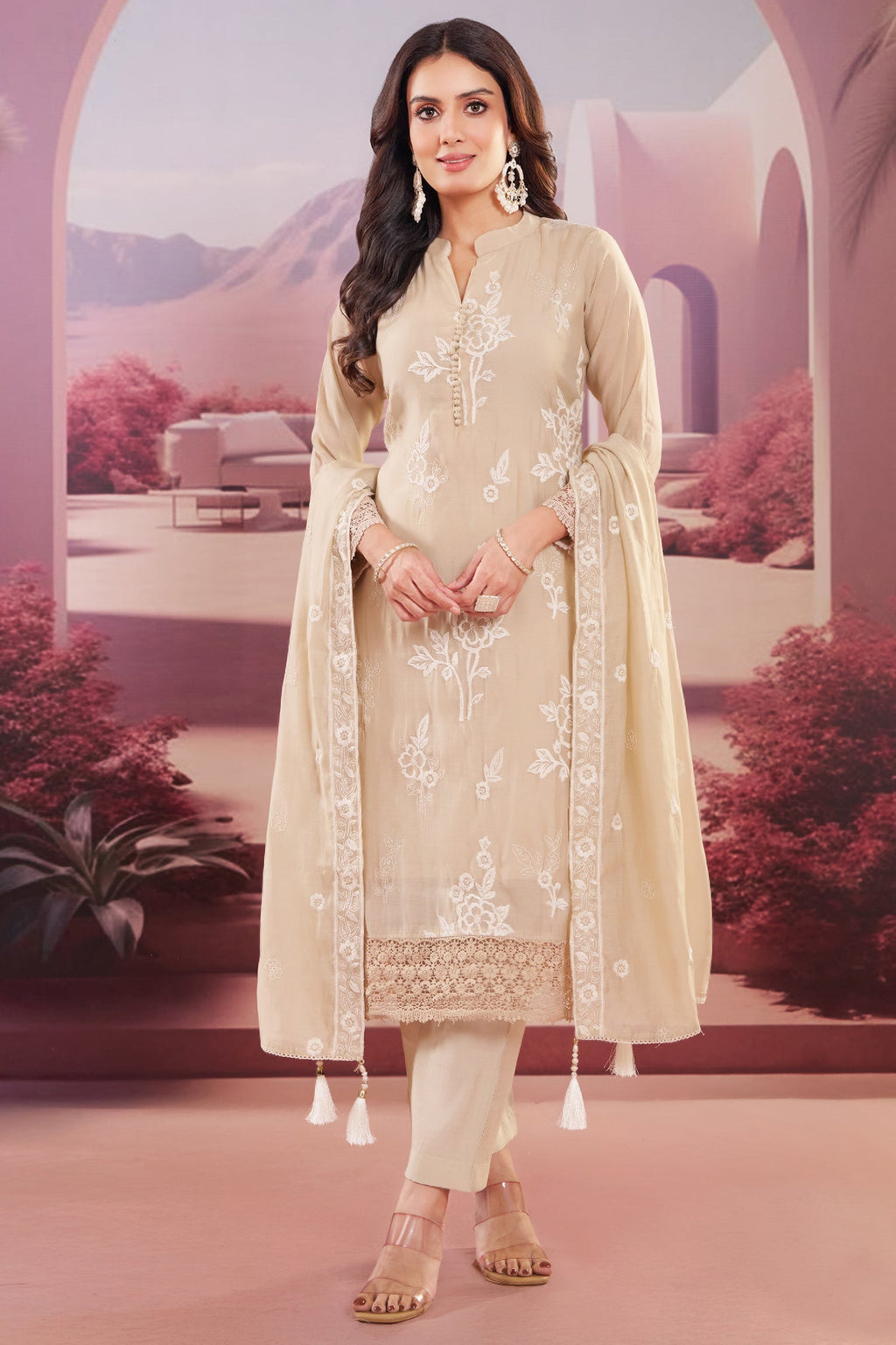 Beige Art Silk Floral Embroidered Straight Cut Suit