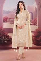 Beige Art Silk Floral Embroidered Straight Cut Suit
