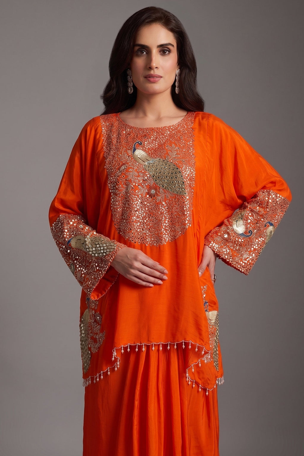Orange Satin Sequin and Embroidery Worked Kaftan Style Top with Draped Skirt