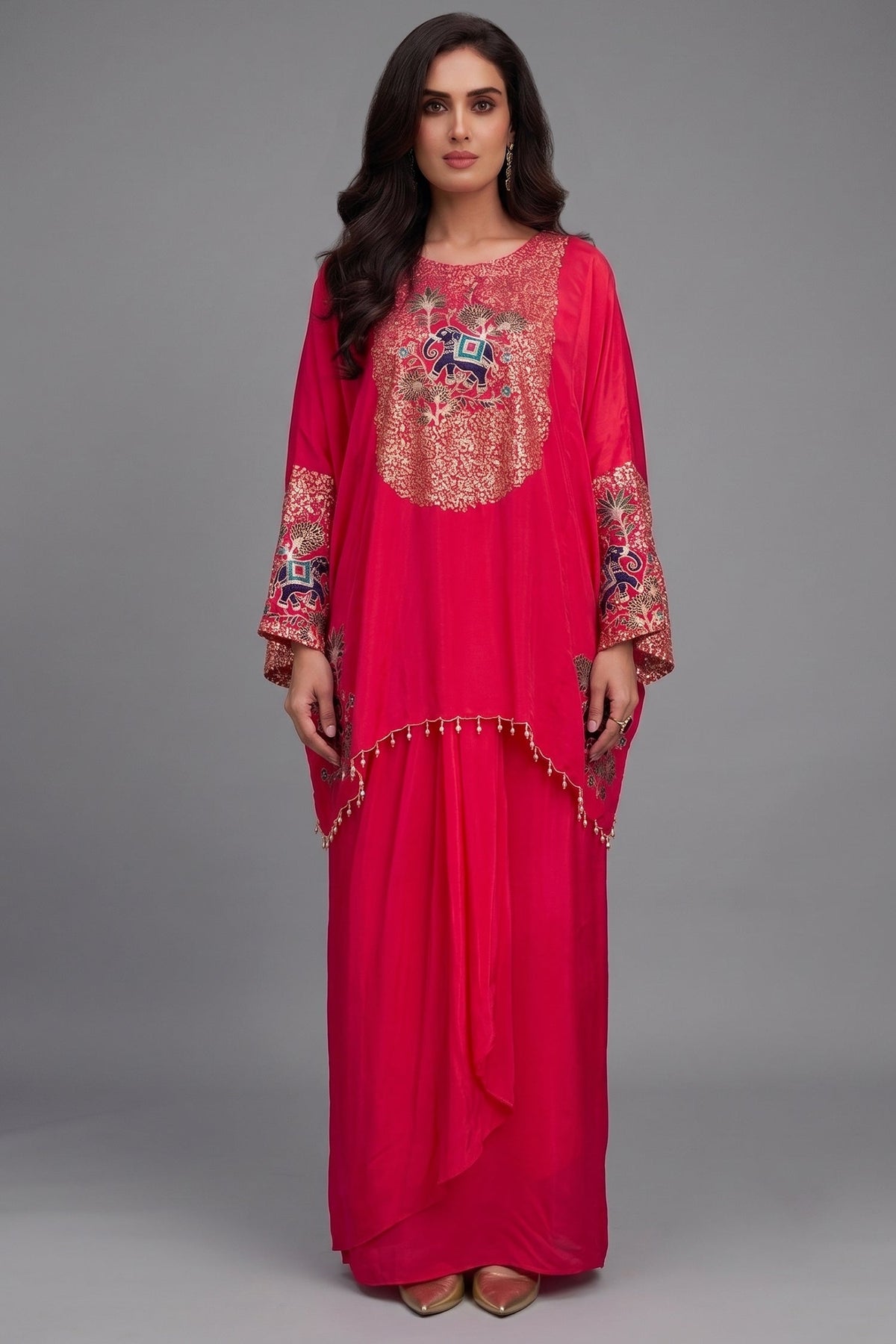 Rani Pink Satin Sequin and Embroidery Worked Kaftan Style Top with Draped Skirt
