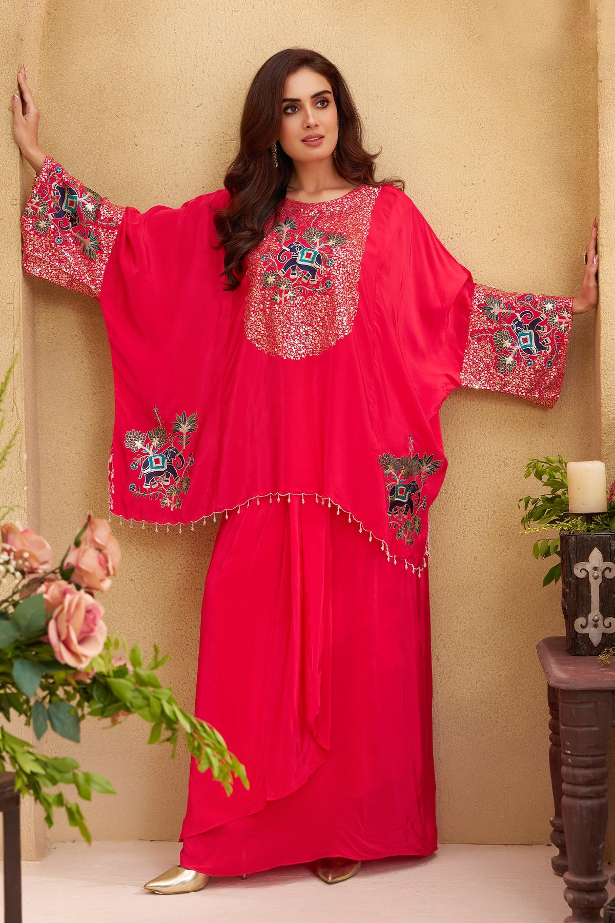 Rani Pink Satin Sequin and Embroidery Worked Kaftan Style Top with Draped Skirt