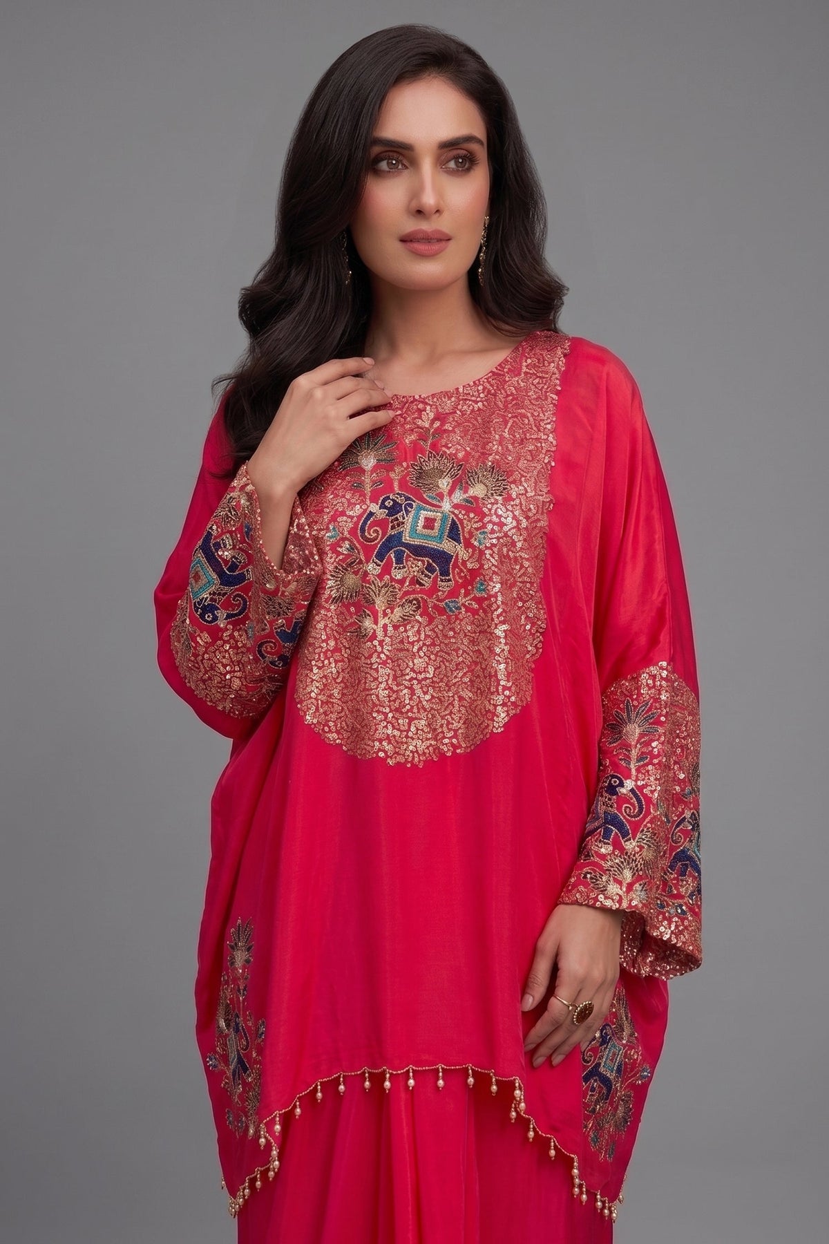Rani Pink Satin Sequin and Embroidery Worked Kaftan Style Top with Draped Skirt