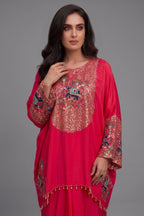 Rani Pink Satin Sequin and Embroidery Worked Kaftan Style Top with Draped Skirt
