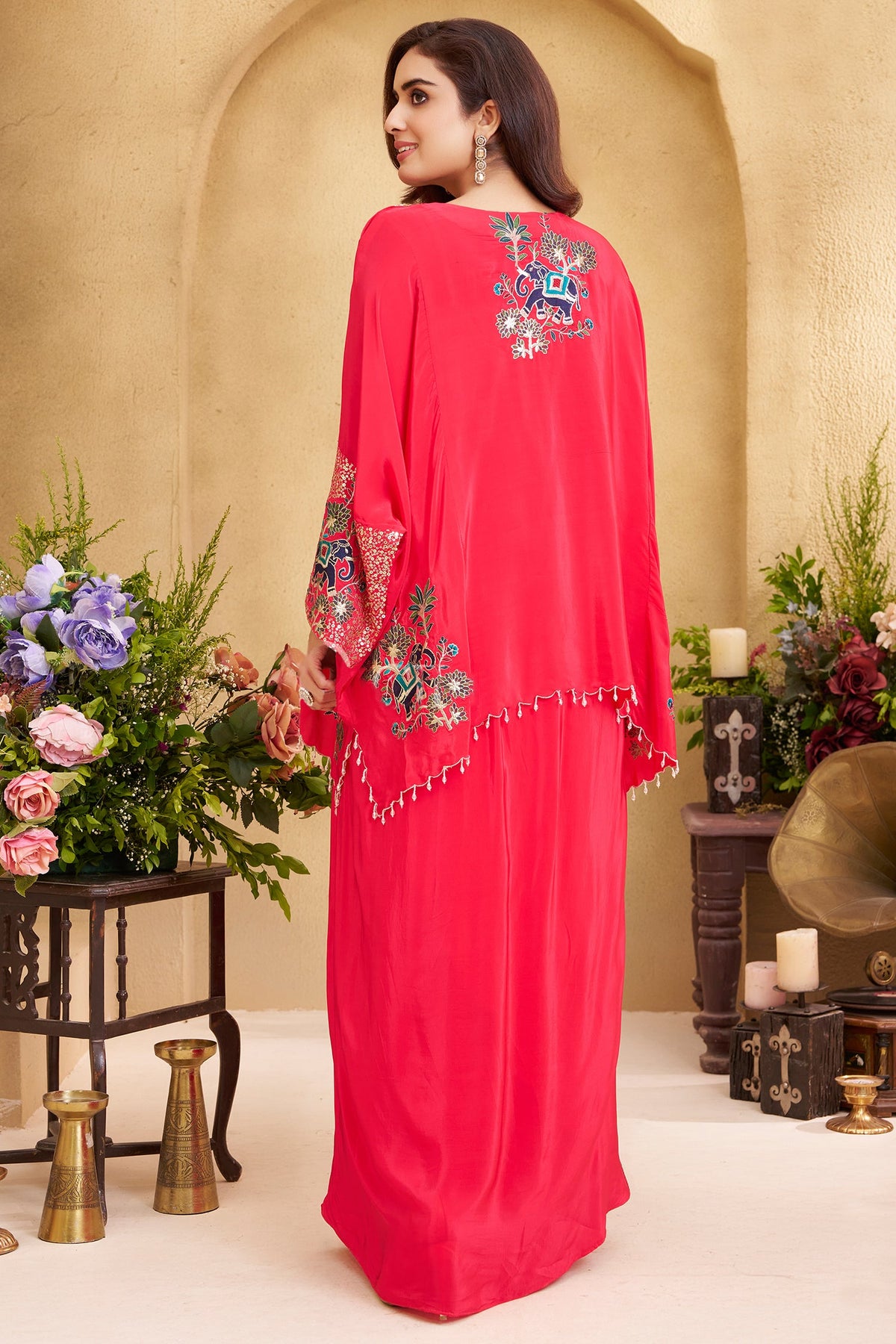 Rani Pink Satin Sequin and Embroidery Worked Kaftan Style Top with Draped Skirt
