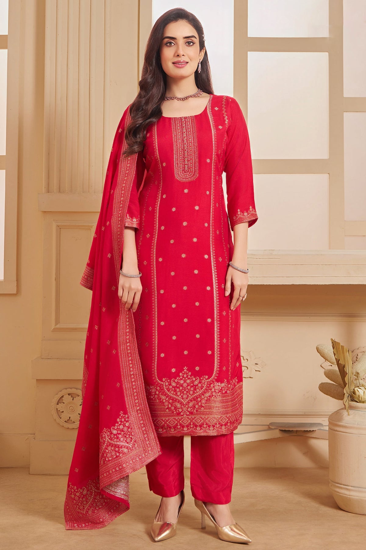 Rani Pink Art Silk Woven Straight Cut Suit