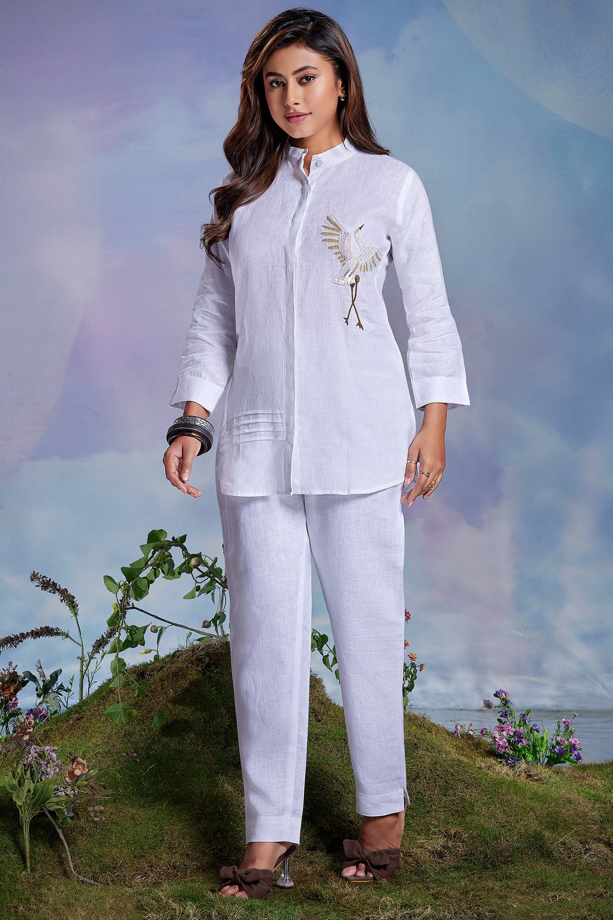Pearl White Cotton Bird Motif Co-Ord Set