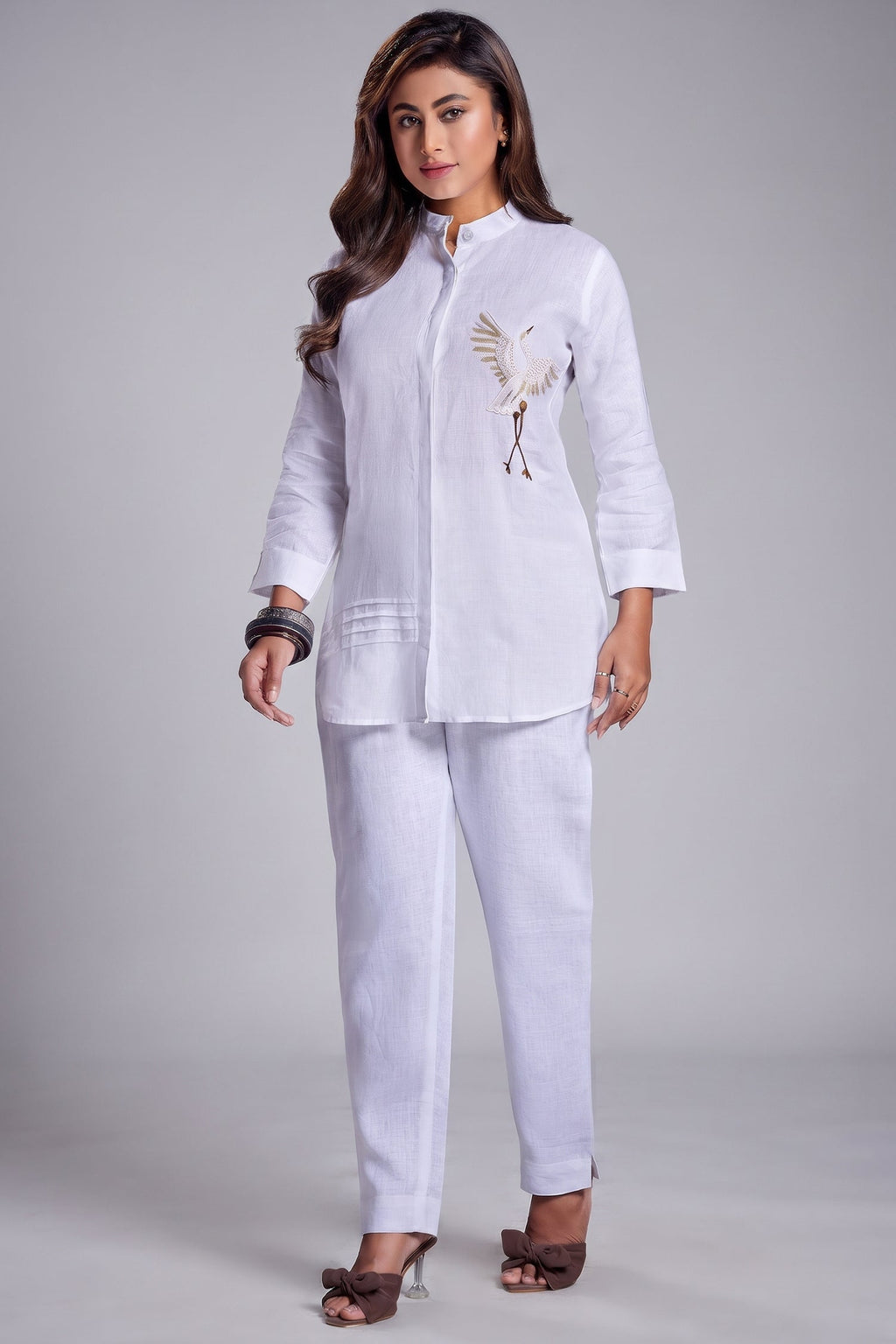 Pearl White Cotton Bird Motif Co-Ord Set