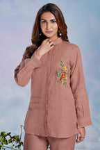 Rustic Brown Linen Embroidered Co-Ord Set