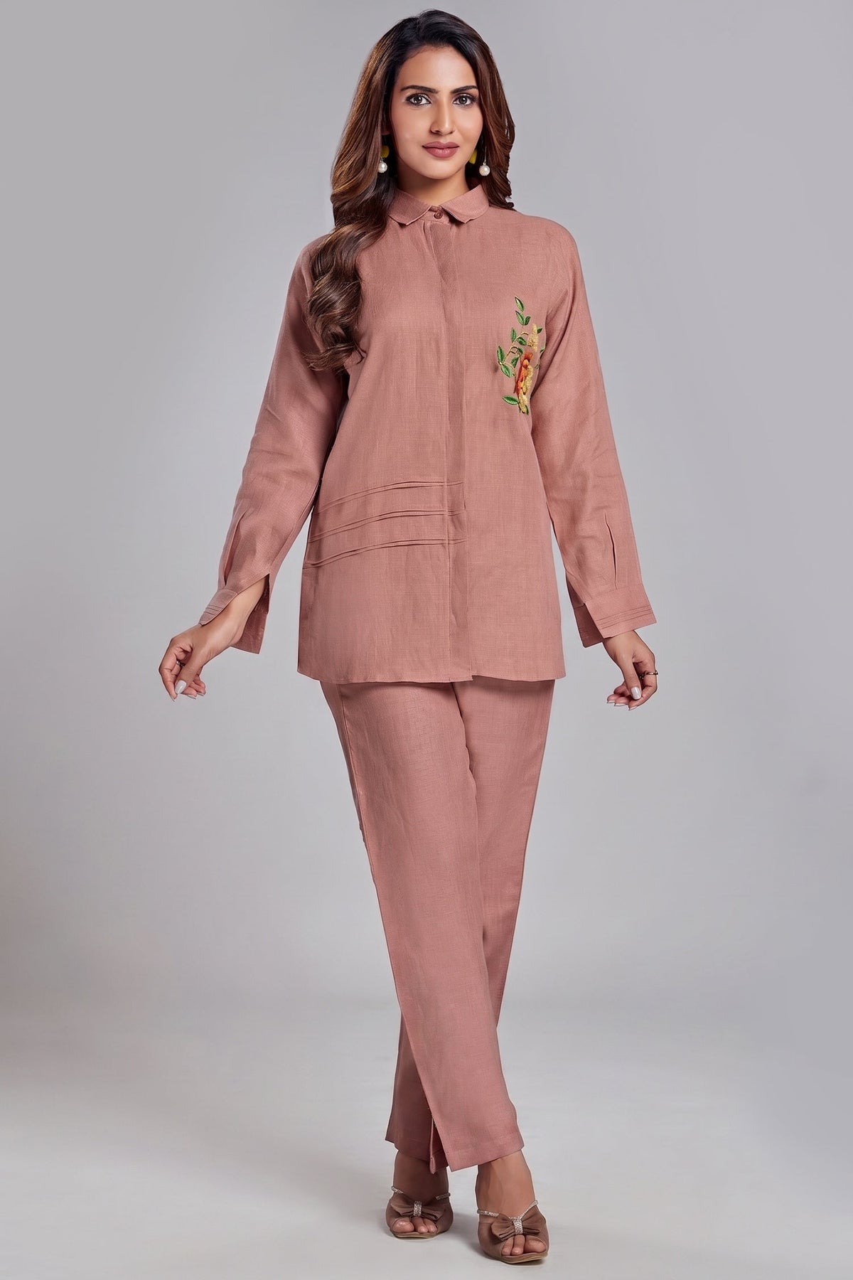 Rustic Brown Linen Embroidered Co-Ord Set