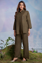 Dark Olive Green Linen Cutdana Worked Co-Ord Set