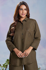 Dark Olive Green Linen Cutdana Worked Co-Ord Set