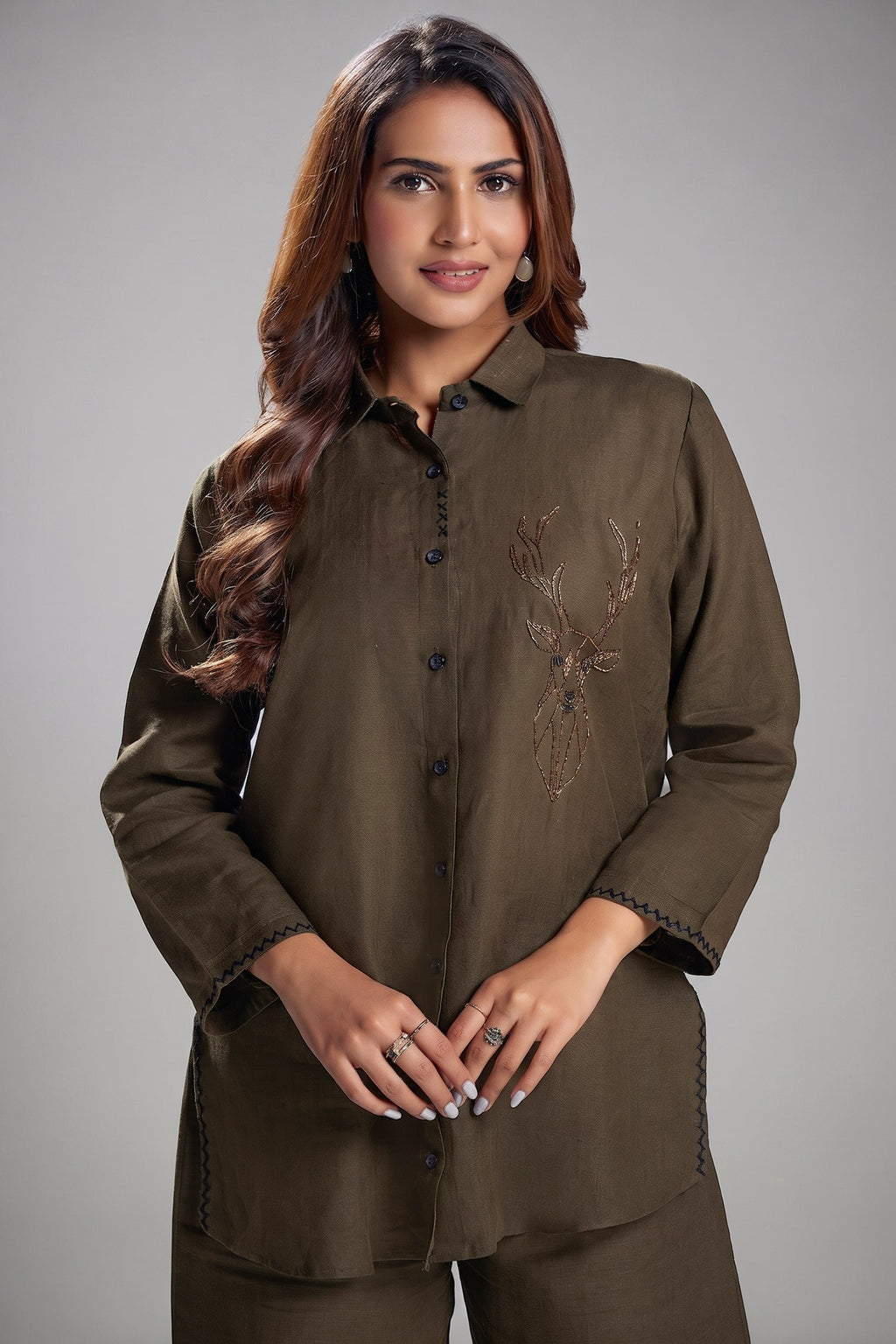Dark Olive Green Linen Cutdana Worked Co-Ord Set