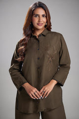 Dark Olive Green Linen Cutdana Worked Co-Ord Set