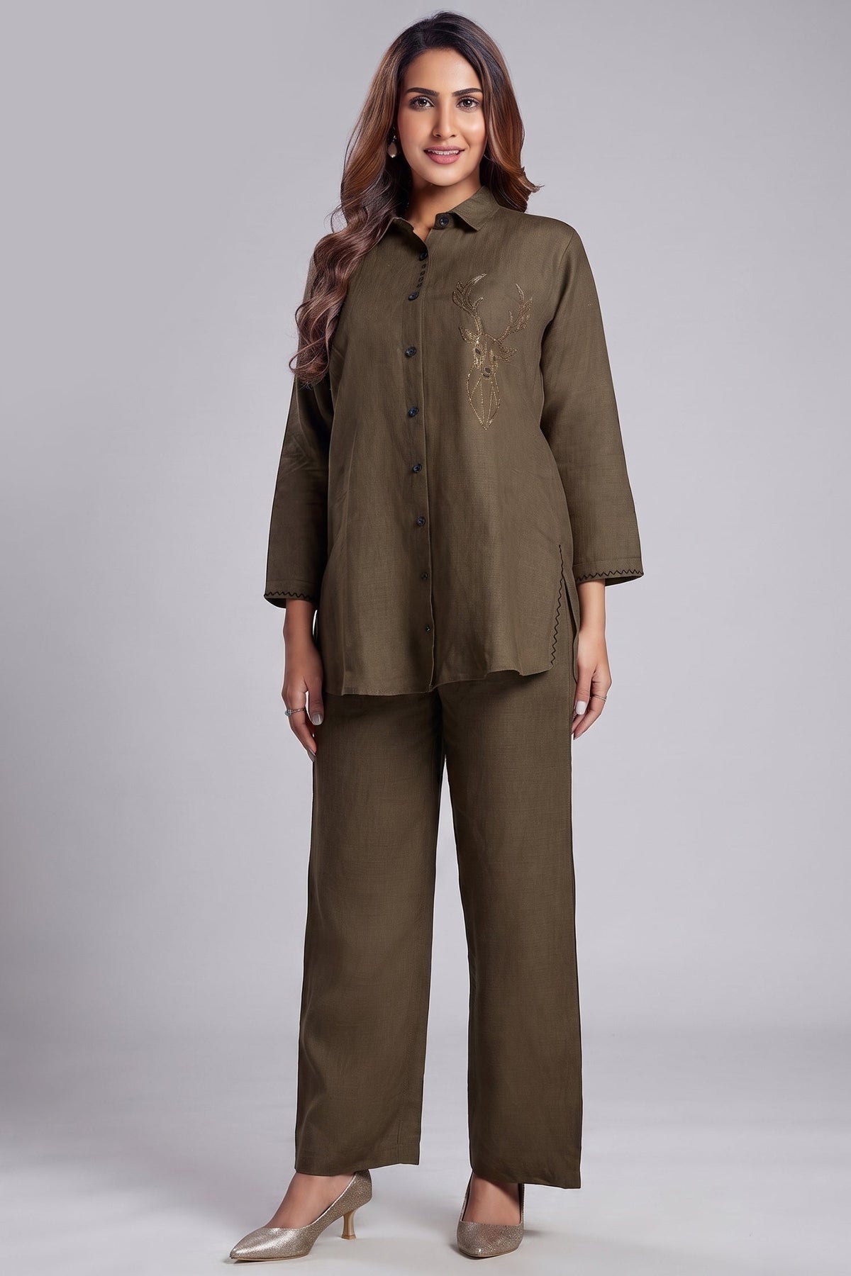 Dark Olive Green Linen Cutdana Worked Co-Ord Set