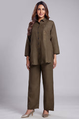Dark Olive Green Linen Cutdana Worked Co-Ord Set