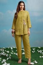 Olive Chartreuse Linen Co-ord Set featuring Hand-Embellished Flamingo Motif