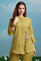 Olive Chartreuse Linen Co-ord Set featuring Hand-Embellished Flamingo Motif