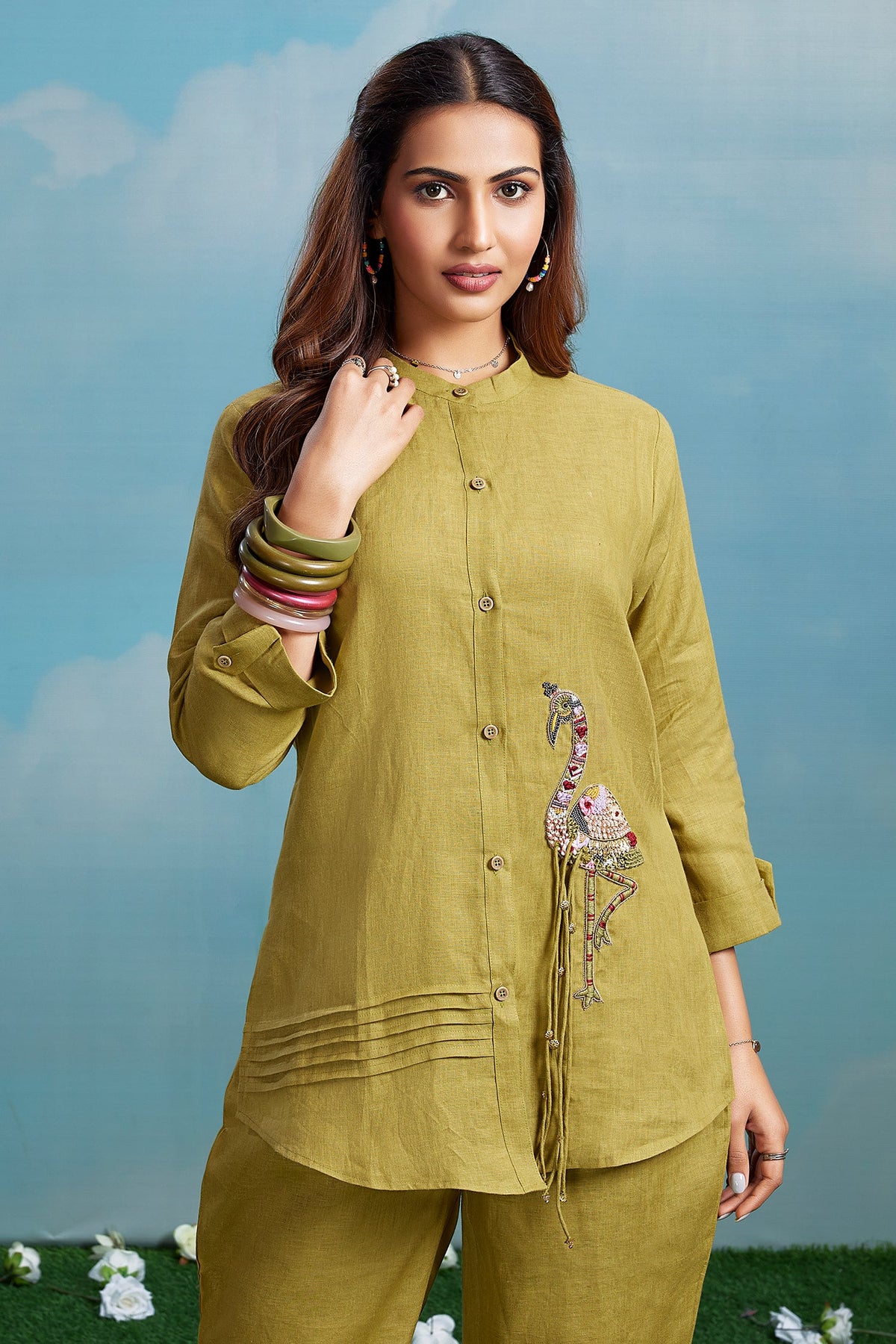 Olive Chartreuse Linen Co-ord Set featuring Hand-Embellished Flamingo Motif