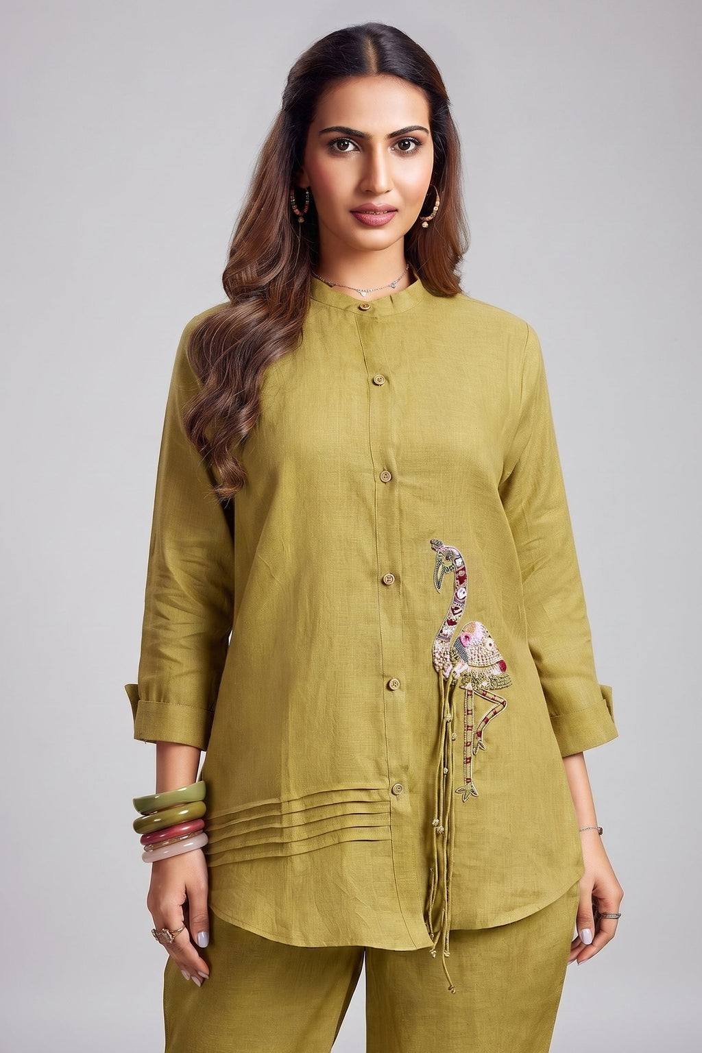 Olive Chartreuse Linen Co-ord Set featuring Hand-Embellished Flamingo Motif