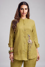 Olive Chartreuse Linen Co-ord Set featuring Hand-Embellished Flamingo Motif
