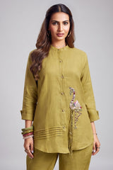 Olive Chartreuse Linen Co-ord Set featuring Hand-Embellished Flamingo Motif