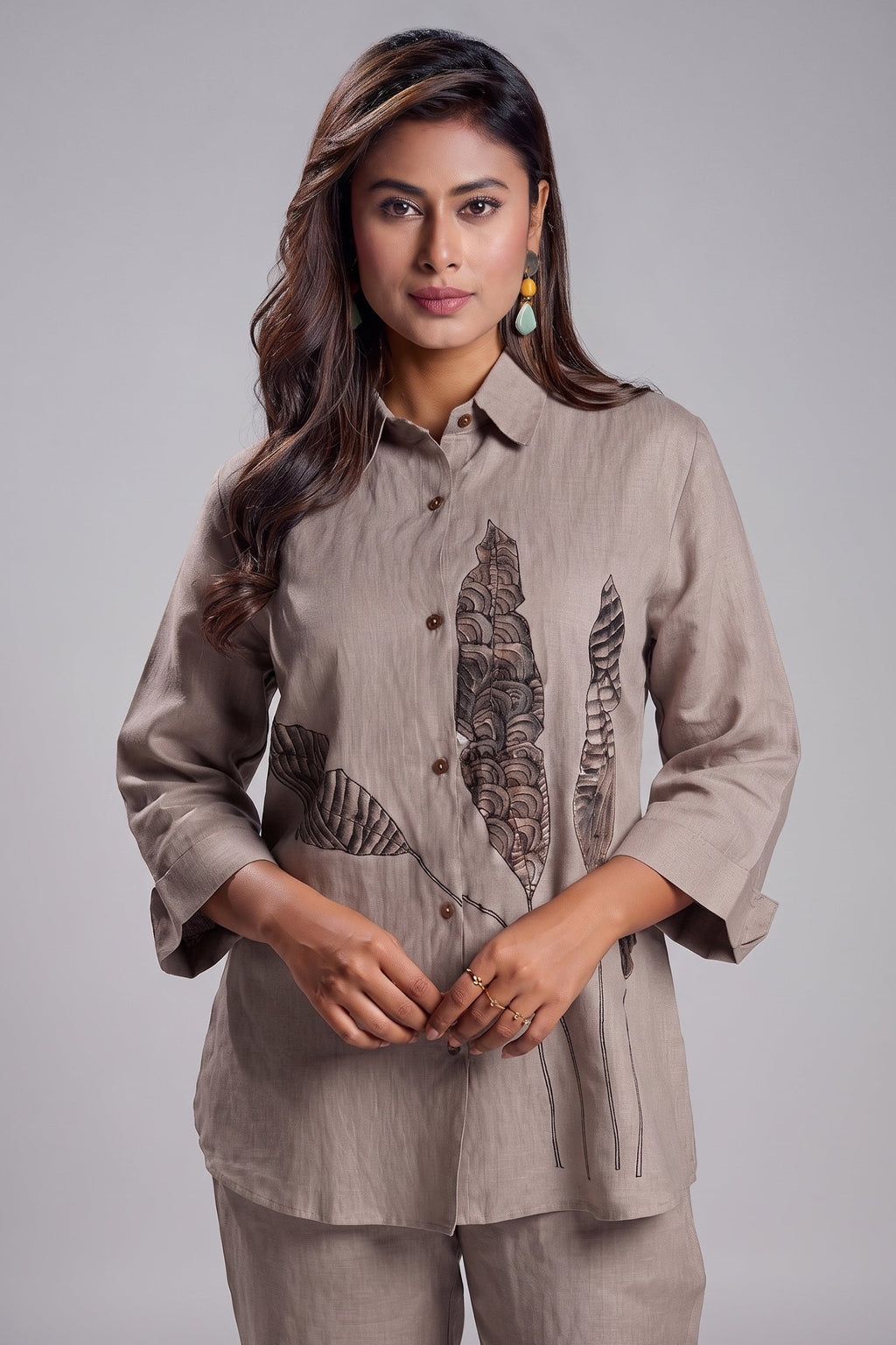 Taupe Leaf Printed Linen Co-Ord Set