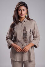 Taupe Leaf Printed Linen Co-Ord Set