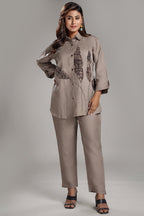 Taupe Leaf Printed Linen Co-Ord Set