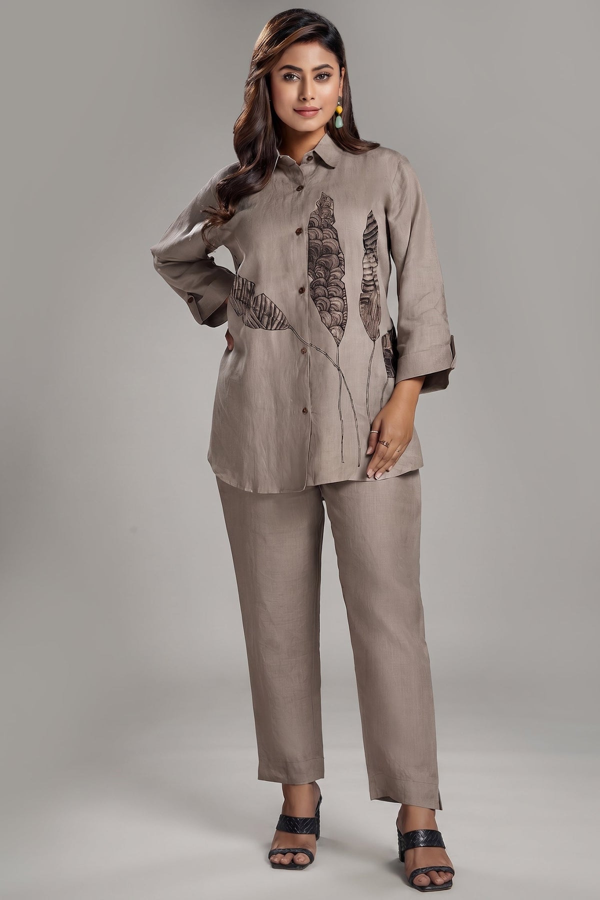 Taupe Leaf Printed Linen Co-Ord Set