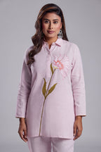 Light Pink Flower Motif Embroidered Linen Co-Ord Set