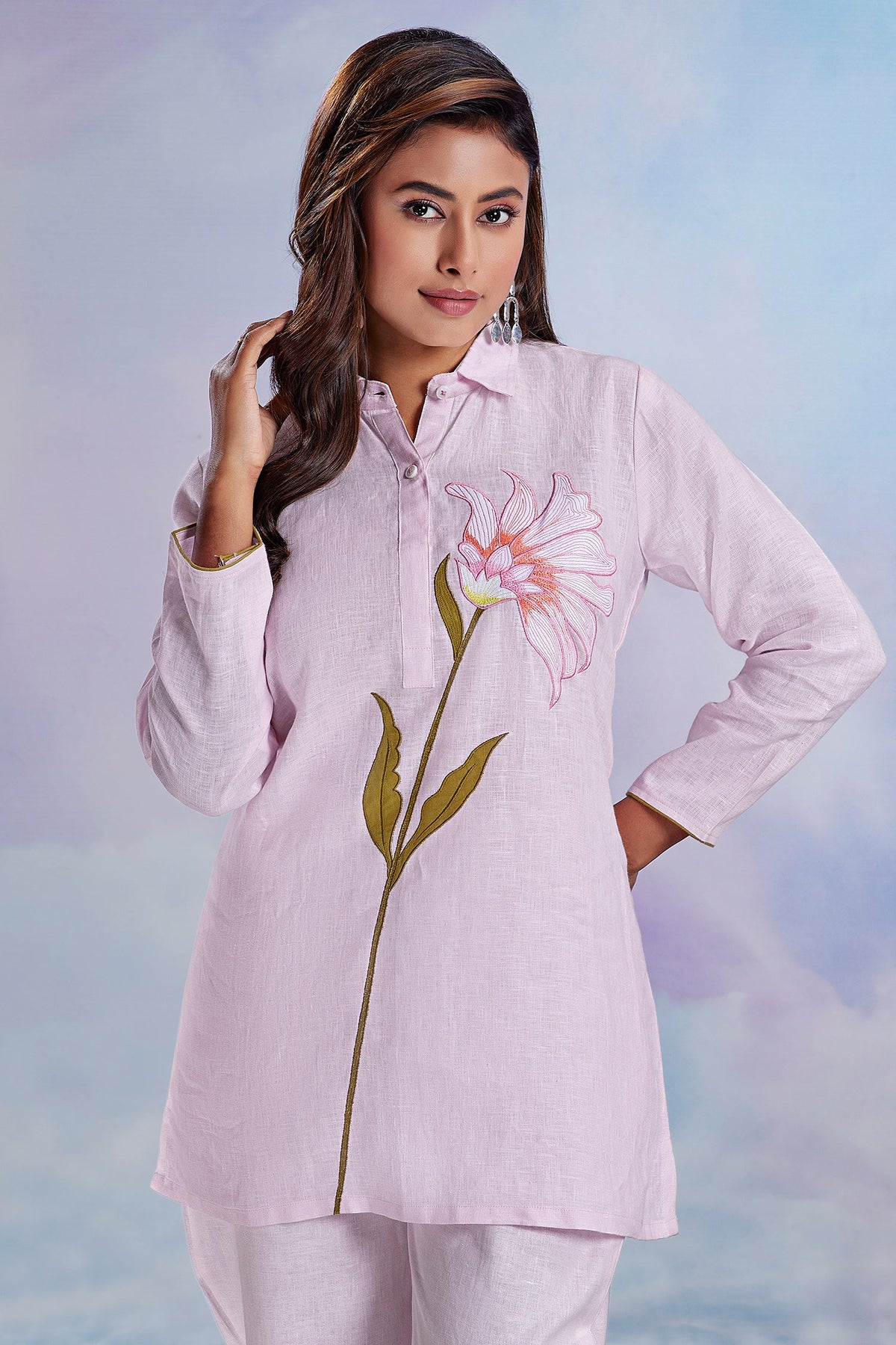 Light Pink Flower Motif Embroidered Linen Co-Ord Set