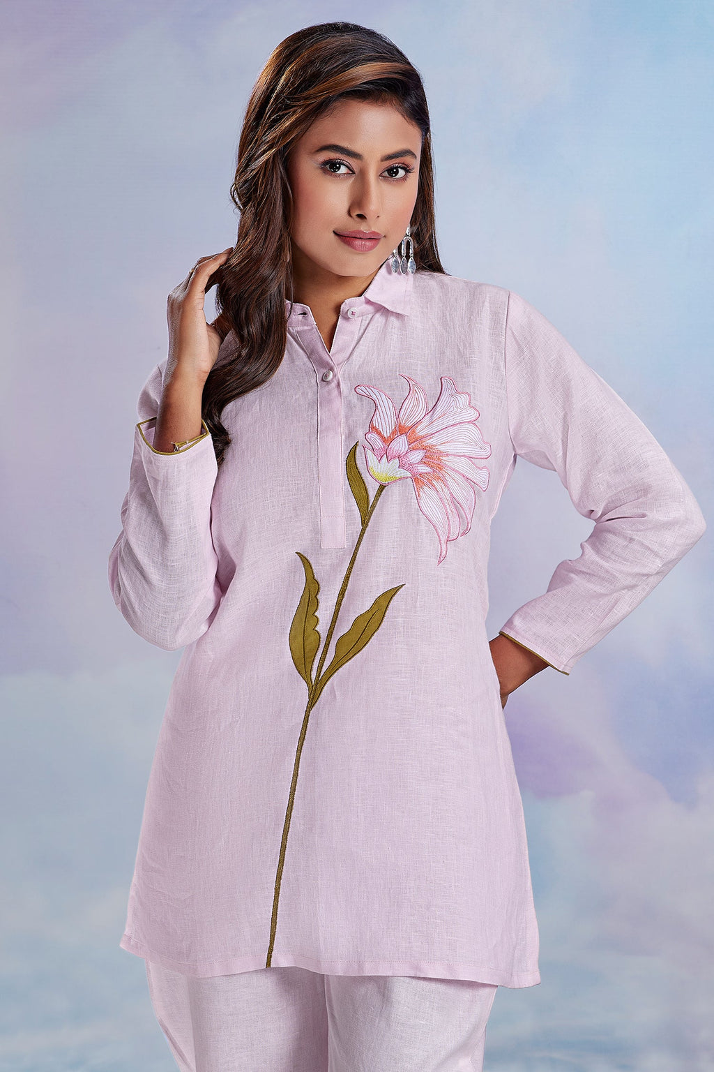 Light Pink Flower Motif Embroidered Linen Co-Ord Set