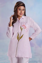 Light Pink Flower Motif Embroidered Linen Co-Ord Set