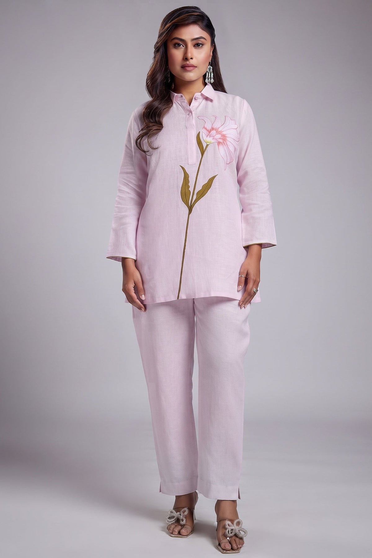 Light Pink Flower Motif Embroidered Linen Co-Ord Set