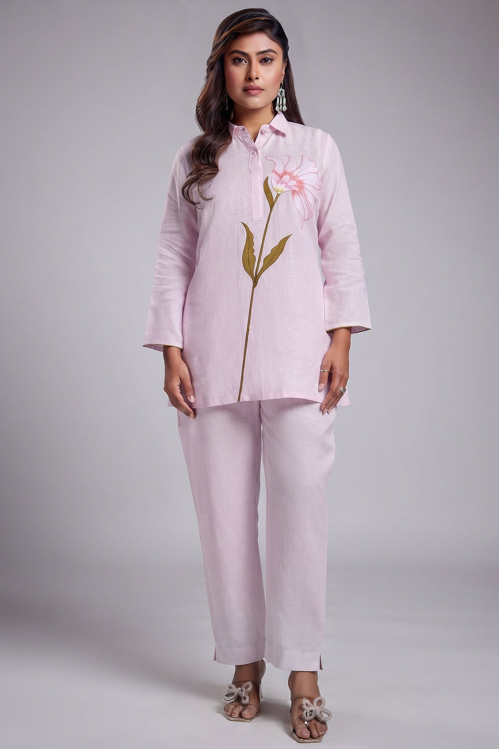 Light Pink Flower Motif Embroidered Linen Co-Ord Set